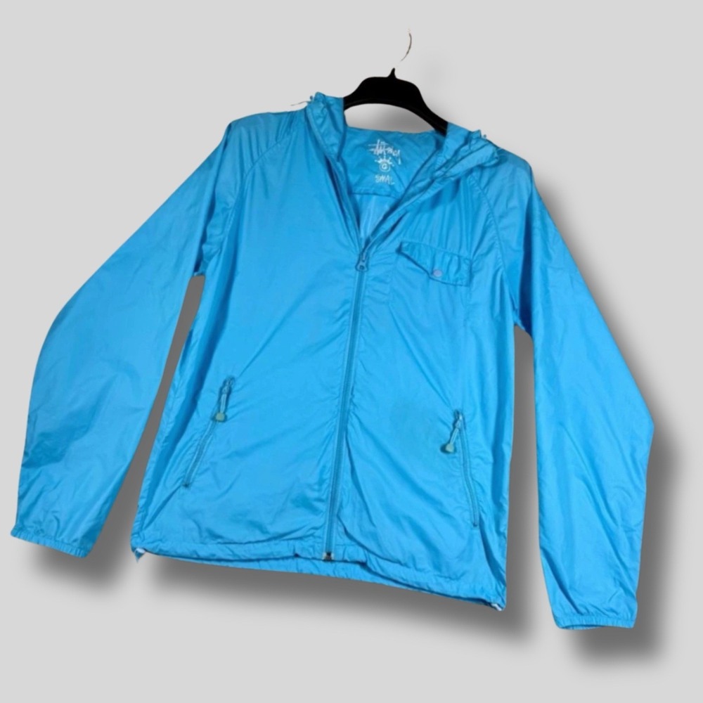 Stussy Windbreaker Jacket Mens Small Blue Hooded Zip Up Lightweight Y2K